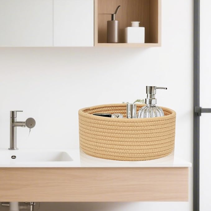 ABenkle Small Woven Basket, Empty Tiny Shallow Storage Basket, Mini Cotton Rope Baskets, Round Decorative Hamper, Basket Storage Bins for Toys, Spa, Socks, Nursery, Living Room