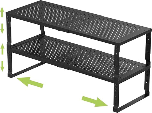 Expandable Adjustable Stackable Kitchen Organizer, Spice Rack,Metal Pantry Storage Shelves Racks,Counter Shelf for Cabinets, Countertop, Cupboard (2 Packs/Large/Black)