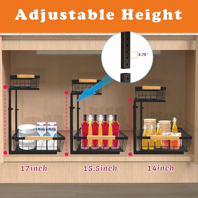2 Pack Under Sink Organizer Cabinet for Kitchen Bathroom, 2 Tier Metal Slide Out Under Sink Drawers, Adjustable Height, Under Sink Pull Out Organizers and Storage, Black, 13.7" H-17 H