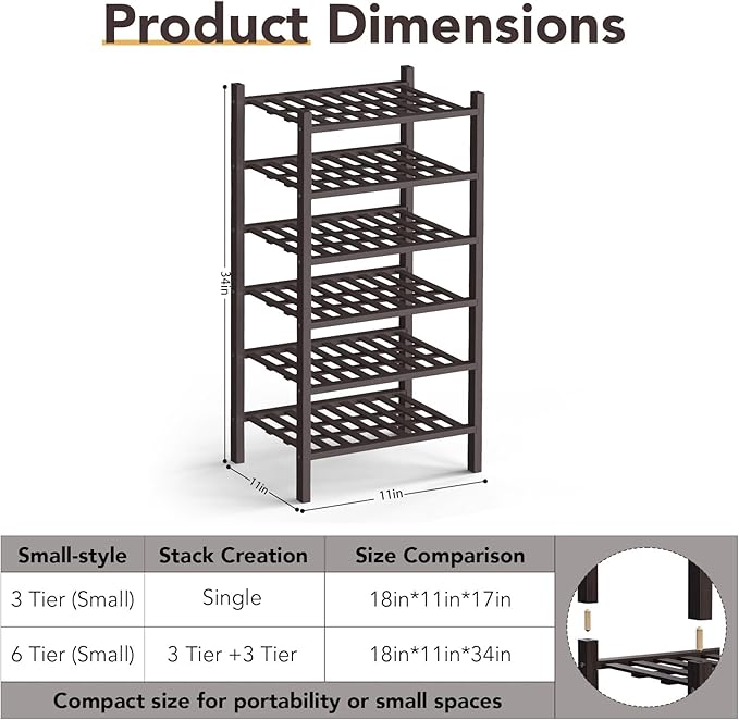 Haddockway Small 6 Tier Bamboo Shoe Rack Storage Organizer,Multifunctional Free Standing Stackable Shoe Shelf with Grid Panel for Closet,Hallway,Entryway,Small Space 18"x11"x34"