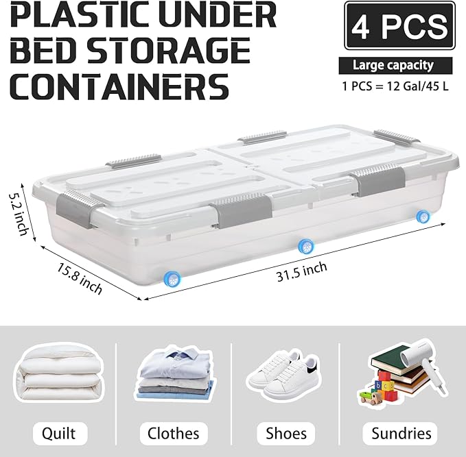 4 Pcs Plastic Under Bed Storage Container with Double Opening Lid Wheel Handle, Transparent Large Capacity Stackable Latching Festival Storage Bin for Closet Bedroom, 31.5x15.8x5.2 In(White)