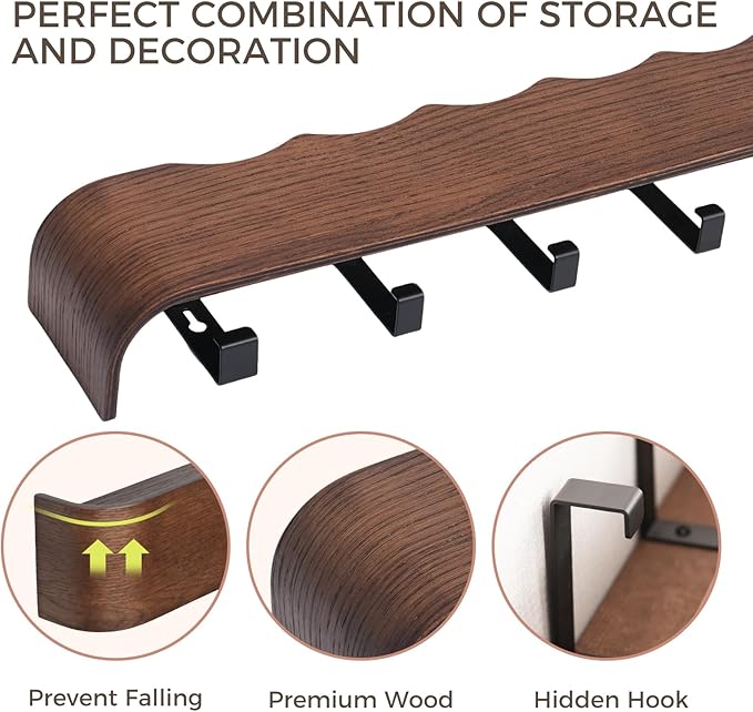 Wall Coat Rack Floating Shelves Modern Coat Rack Wall Mount with Storage Entryway Shelf Wooden Hanger 20 Inch 4 Hidden Metal Hooks for Living Room Bedroom (Wavy Walnut Color, 4 Hooks)