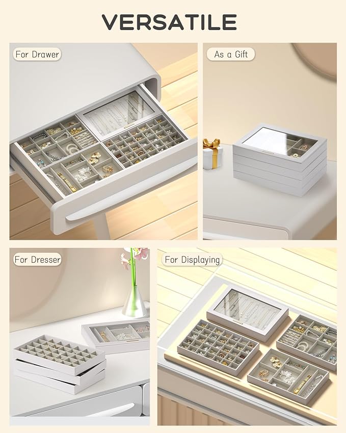 Large Jewelry Organizers and Storage Box, 4 Layers Stackable Jewelry Organizer Trays Clear Lid Cover for Drawers, Jewelry Boxes for Women, Stacker Jewelry Display Case
