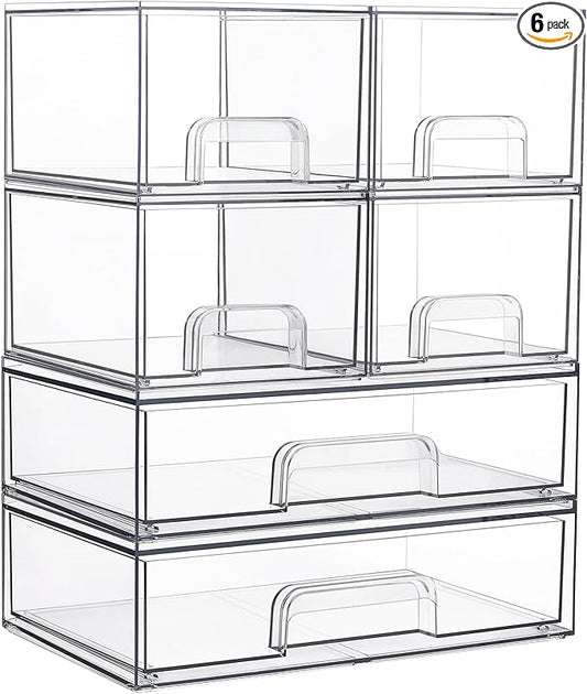 Vtopmart Stackable Storage Drawers Set of 6, Clear Plastic Organizer Bins for Bathroom Supplies, Ideal for Cabinet,Shelf, Pantry, Laundry Room Organization