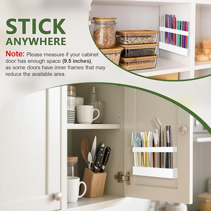 9.5â Large Acrylic Straw Holder for Cabinet Door - Reusable Tumbler Straw Organizer Storage, Small Kitchen Accessories Container, Ultra Sticky Cupboard Door Mounted (White)