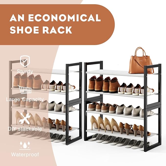 8-Tier Tall Shoe Rack, Stackable Zero-Wobble Metal Frame with Screw-Fastened Joints, 11.8" Deep Heel-Friendly Non-Woven Shelves, Space-Saving Shoe Tower for Closet Entryway Bedroom