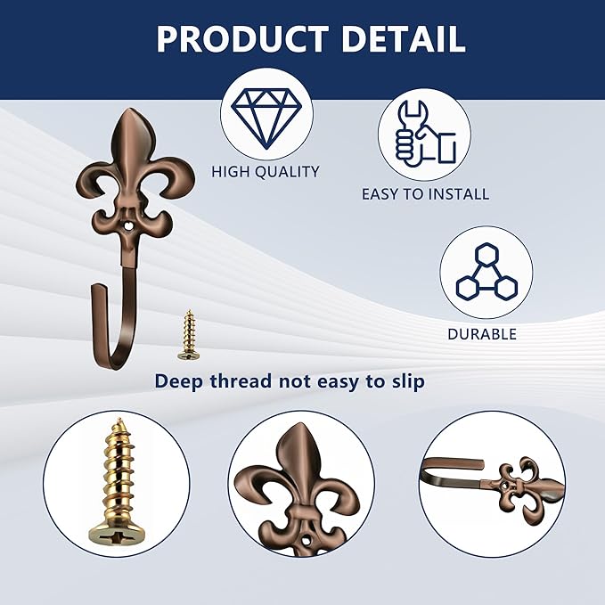 Wall Hooks, 4 Pack Decorative French Fleur De Lis Metal Hooks for Coat, Towel, Curtain Tie Back, Robe, Bag, Heavy Duty Gold Bronze Finish for Bathroom, Bedroom, Entryway(Red Ancient)
