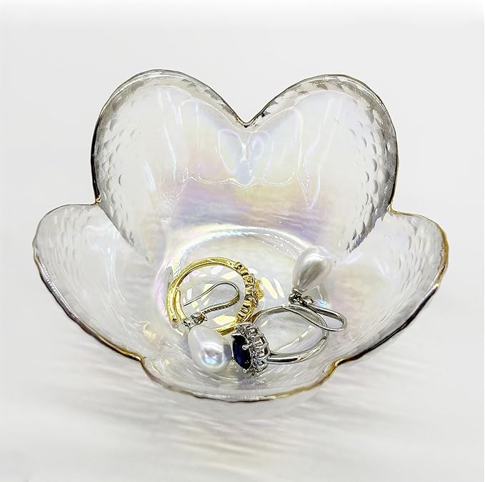 Flower Ring Dish Jewelry Tray, Glass Jewelry Dish Tray, Aesthetic Room Decor Small Trinket Dish, Nightstand Jewlery Ring Holder Dish, Bathroom Jewelry Plate Bowl for Rings Earrings Gift (White)
