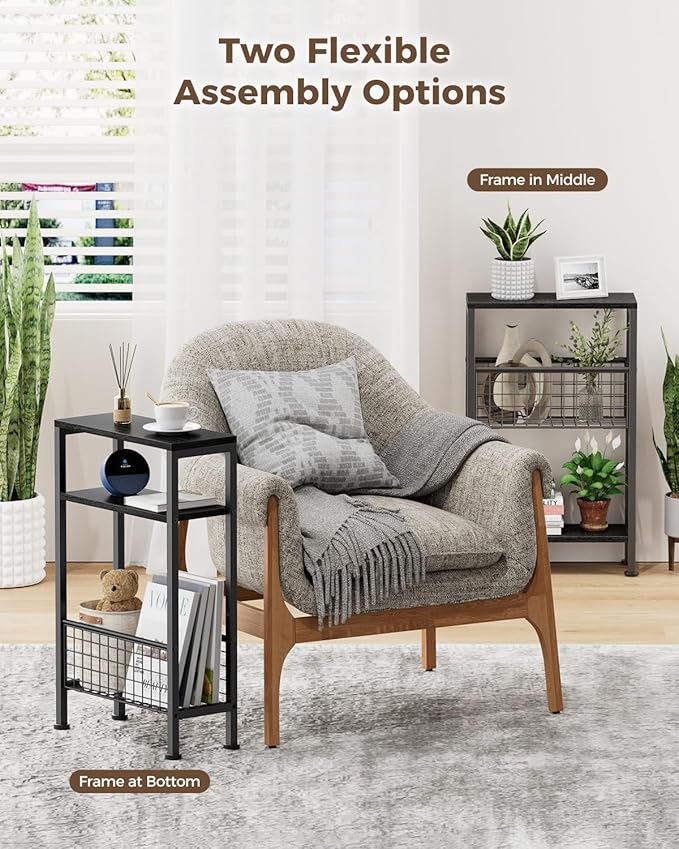 Karii Narrow Side Table, Skinny End Table for Small Spaces with Storage, 3-Tier Slim Wooden Bedside Nightstand Thin Couch Table for Living Room Bedroom Office Dorm Kitchen Bathroom (1, Black)