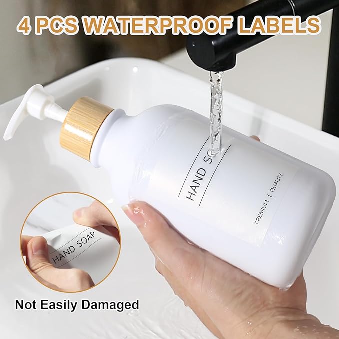 White Soap Dispenser, 2 Pack Plastic Bathroom Hand Soap and Lotion Dispenser Set with Bamboo Pump, 17 Fl Oz Hand and Dish Soap Dispensers Set for Kitchen, Refillable Liquid Soap Bottles