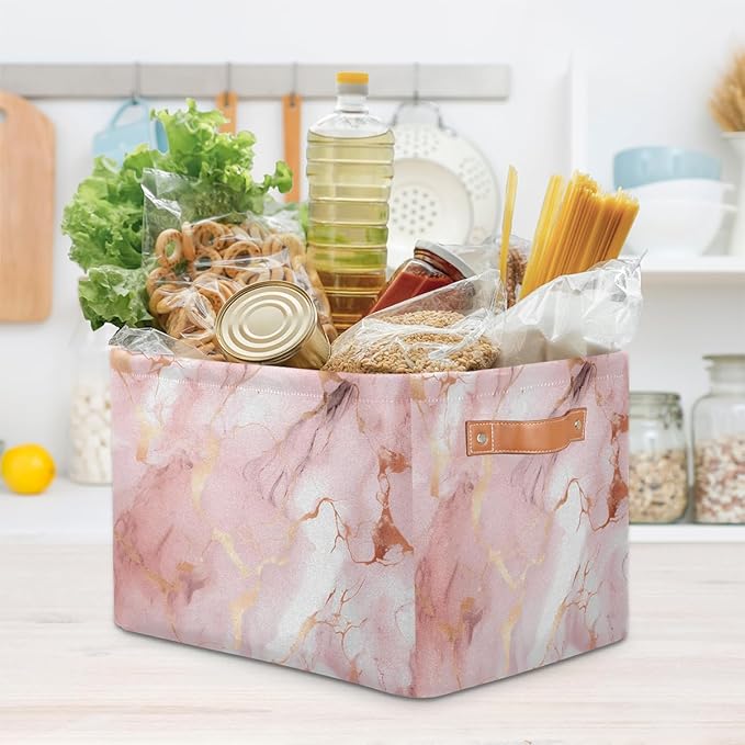 AUUXVA Storage Basket Rose Gold Marble Texture Storage Cube Box Durable Canvas Collapsible Toy Basket Organizer Bin with Handles for Shelf Closet Bedroom Home Office
