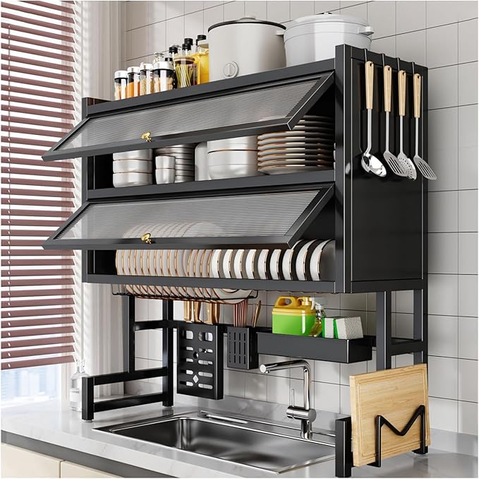 PENSUN Dish Drying Rack Over The Sink, 2-Tier Kitchen Utensil Storage Organizer Shelf, Space-Saving ，Efficient Sink Drainer and Storage Solution - 85cm/33.46in (Black
