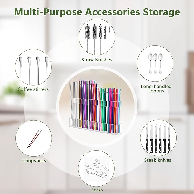 9.5â Large Acrylic Straw Holder for Cabinet Door - Reusable Tumbler Straw Organizer Storage, Small Kitchen Accessories Container, Ultra Sticky Cupboard Door Mounted (Transparent)