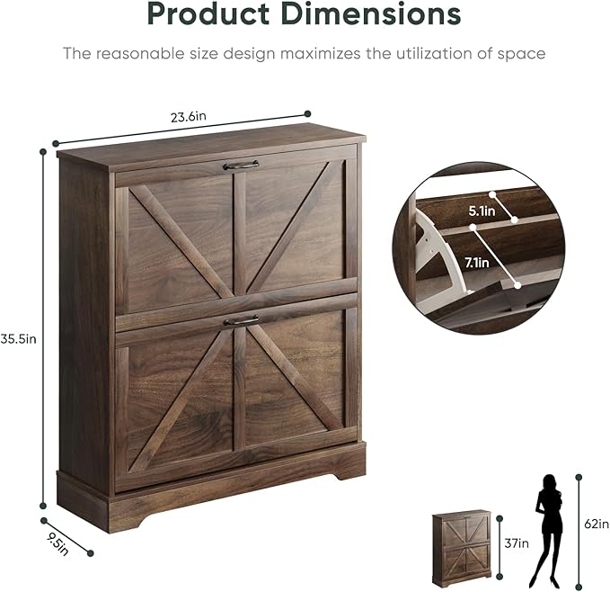 Shoe Cabinet, Shoe Storage Cabinet for Entryway with 2 Flip Drawers, Narrow Farmhouse Shoe Organizer Cabinet, Slim Shoe Rack Cabinet, 31.5in Walnut