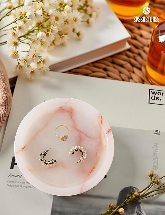 Marble Jewelry Dish 5 Inch Handmade Cream Onyx Jewelry Tray, Trinket Dish - Candle, Key & Ring Holder for Aesthetic Room Decor and Gifts for Women