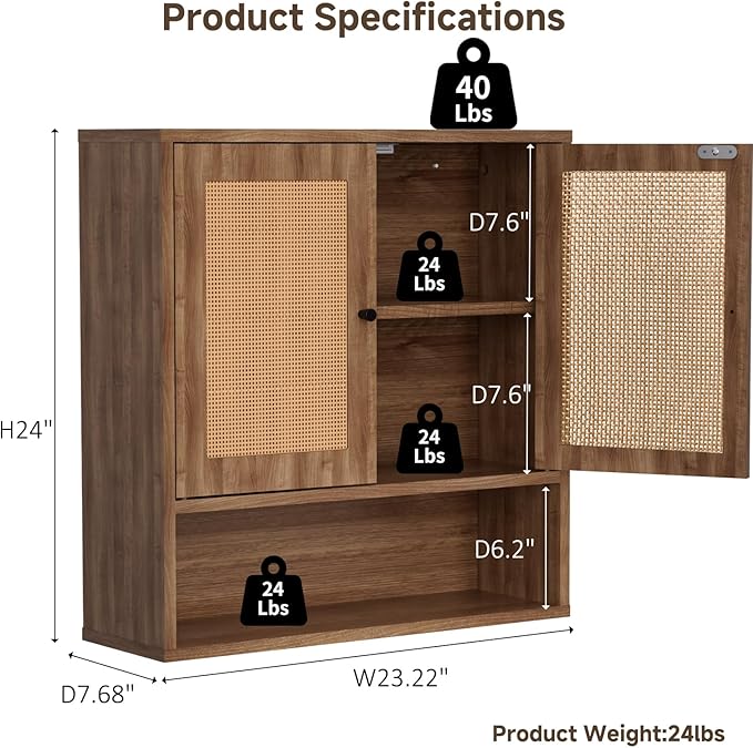 Wall Mounted Cabinet with Rattan Double Doors, 3-Tier Storage for Bathroom Over Toilet, Floating Shelf for Towels & Decor, Boho Medicine Cabinet for Kitchen, Dining Room, 23.23 x 7.68 x 24 in
