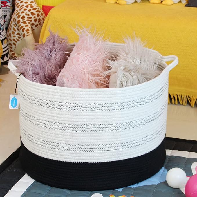 Casaphoria XXXLarge Cotton Rope Basket 22" X 22"X 14" Blanket Basket for Living Room Woven Basket Soft Laundry Blanket Basket storage basket bin with Handleï¼pack of 1ï¼
