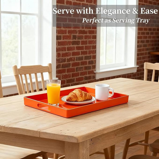 Zosenley Decorative Tray, Rectangular Plastic Tray with Handles, Modern Vanity Tray and Serving Tray for Bathroom, Kitchen, Ottoman and Coffee Table, 15.6â x 10.2â (Orange)