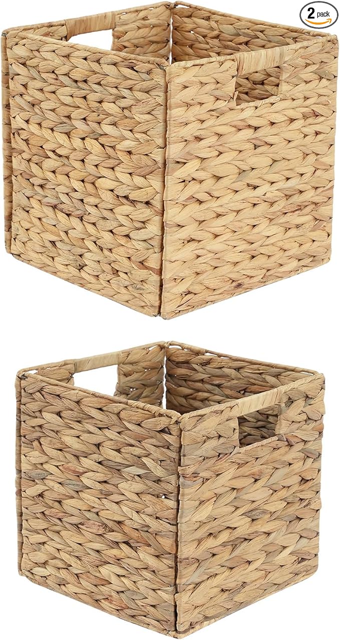 2-Pack Foldable Wicker Cubes 12x12x12 Inch, Cube Storage Bin Woven Storage Basket, Square Wicker Basket for Home & Kitchen Shelf Organizers, Decorative Storage Basket for Bedroom/Bathroom/Office