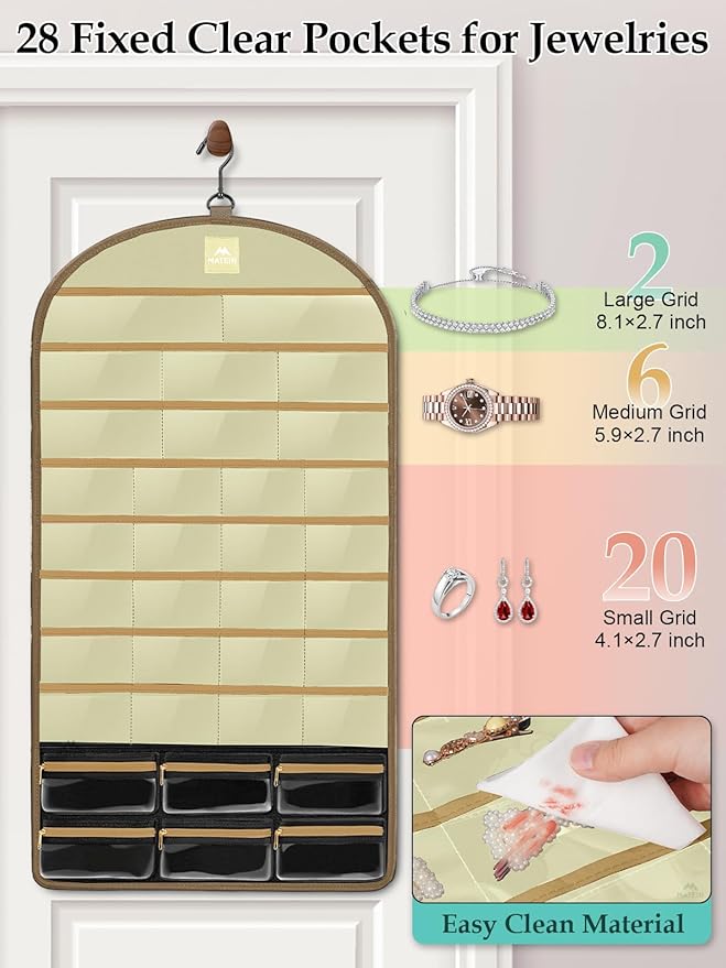 MATEIN Over the Door Jewelry Organizer with Travel Pouch, Double-Sided Hanging Necklace Earring Holder with Pockets, Large Jewelry Storage for Rings Bracelets, Valentines Gifts for Her, Beige-Brown