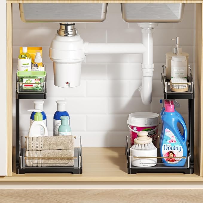 heart & home 2-Pack Under Sink Storage Organizer for Kitchen & Bathroom Cabinets with Removable Washable Tray, Tool-Free Assembly â Multi-Purpose for Vanity, Laundry & Countertop, Black