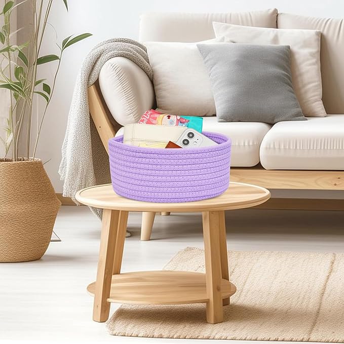 ABenkle Small Woven Basket, Empty Tiny Shallow Storage Basket, Mini Cotton Rope Baskets, Round Decorative Hamper, Basket Storage Bins for Toys, Spa, Socks, Nursery, Living Room