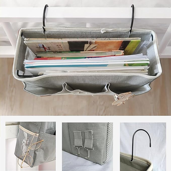 Bedside Caddy/Hanging basket Storage Organizer Bag for Bunk and Hospital Beds,College Dorm Bed，Can be Placed Glasses Books Mobile Phones (Grey 1)