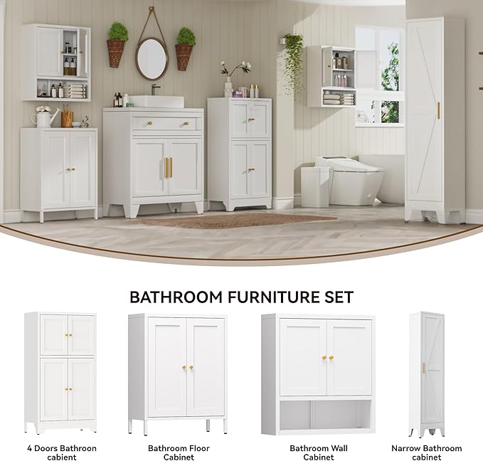 White Narrow Metal Storage Cabinet, Tall Freestanding Cabinet with 4 Adjustable Shelves & Barn Doors, Pantry Organizer for Bathroom Kitchen Home Office Dining Room（1PC,White）