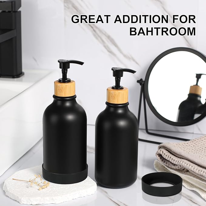 Hand Soap Dispenser Bathroom with Anti-Slip Silicone Boot, Black Dish Soap Dispenser for Kitchen, 2 Pack 17 Fl Oz Plastic Hand and Dish Soap Dispensers Set with Bamboo Pump