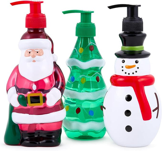 Simple Pleasures Snowman, Santa & Christmas Tree 3 Pack: Holiday Apple, Balsam Fir & Snow Scented Decorative Refillable Soap Dispensers for Kitchen Countertops and Bathroom Sinks