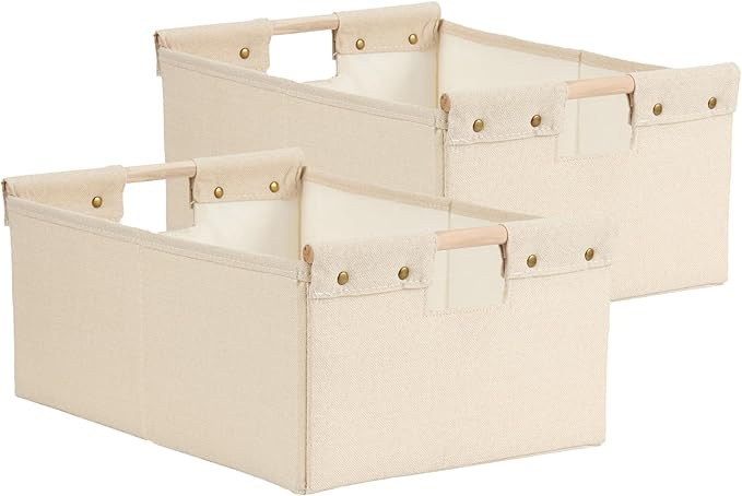2PCS Storage Bins Cotton Linen Fabric Storage Boxes Basket with Wooden Handles Label Tag Foldable Washable Decorative Shelf Container Clothes Organizer Home Laundry - Large Size, Beige