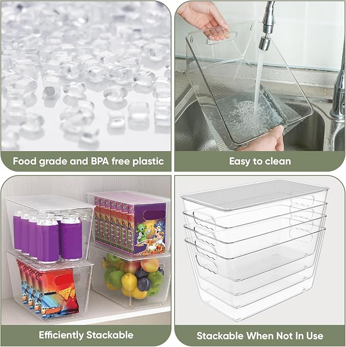 BALEINE Clear Stackable Storage Bins with Lids, Plastic Containers with Handle for Pantry Organizers and Storage, Plastic Bins for Fridge, Kitchen, Bathroom, Cabinet (10x6x5, 4PK)