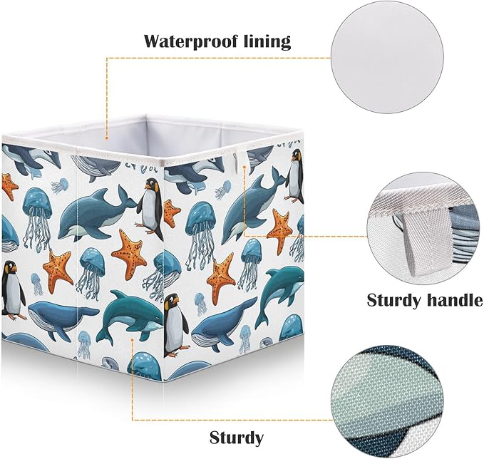 Blueangle Sea Animals Cube Storage Bin, 11 x 11 x 11 in, Large Collapsible Organizer Storage Basket for Home Décor