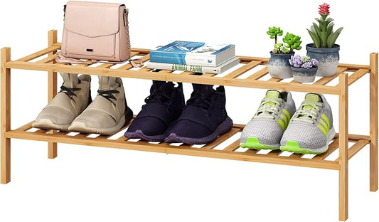 2-Tier Long Shoe Rack for Entryway, Black Bamboo Wood Shoe Rack for Closet & Hallway, Long 33IN | Beautiful | Functional | Sturdy | Durable