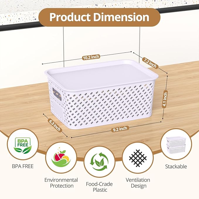 Plastic Storage Bins with Lid, Stackable Small Box Basket for Organizing and Containers for Shelves Drawers Desktop Closet Playroom Pantry Classroom Office Home, 6-pack 10.2"x7.2"x4.1" Lavender