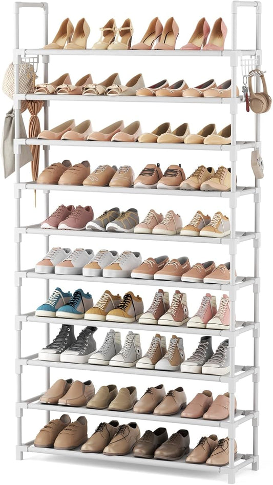 VTRIN 10 Tiers Shoe Rack Tall Large Capacity Wide Shoe Organizer Sturdy Shoe Shelf for Entryway with Two Hooks Metal Shoe Storage for Closet, Bedroom, White