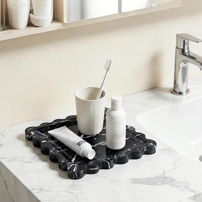 Elegant Square Marble Decorative Tray with Scalloped Edge Natural Stone Vanity Tray Organizer for Counter, Vanity, Dresser, Nightstand, Bathroom & Kitchen Sink(Black)