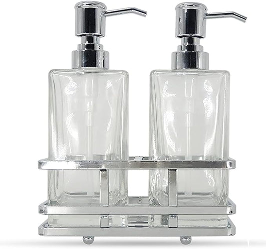Square Glass Clear Lotion and Soap Pump Dispenser Set with Metal Stand Caddy for Bathroom Bath Kitchen Home Office Travel Hotel Hand Crafted Heavy Weight Chrome