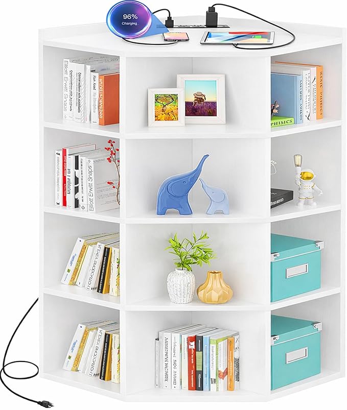 Aheaplus Corner Cabinet, 5-Tier Corner Bookshelf with Power Outlets, Corner Cube Storage Shelf with Top Table, Wooden L Cubby Toy Storage with 12 Cubes for Home Office, Bedroom, Living Room, White