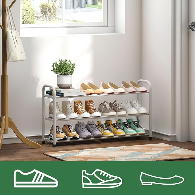 White Shoe Rack for Closet, 3-Tier Expandable Shoe Organizer for Closet, Metal Adjustable Black Shoe Shelf Storage Organizer, Free Standing Shoe Rack for Entryway Doorway