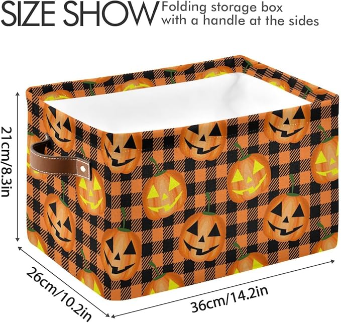 Bolaz Halloween Pumpkin Orange Buffalo Plaid Storage Basket,Large Storage Bin Fabric Collapsible Organizer Bag with Handles 15x11x9.5 inch