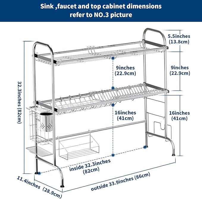 MOUKABAL Dish Drying Rack - Stainless Steel Over The Sink Dish Drying Rack (Expandable Length), 2 Tier Large Dish Rack with Utensil Holder, 32.3" - 33.9"(L) x 11.4"(W) x 32.3"(H) Silver