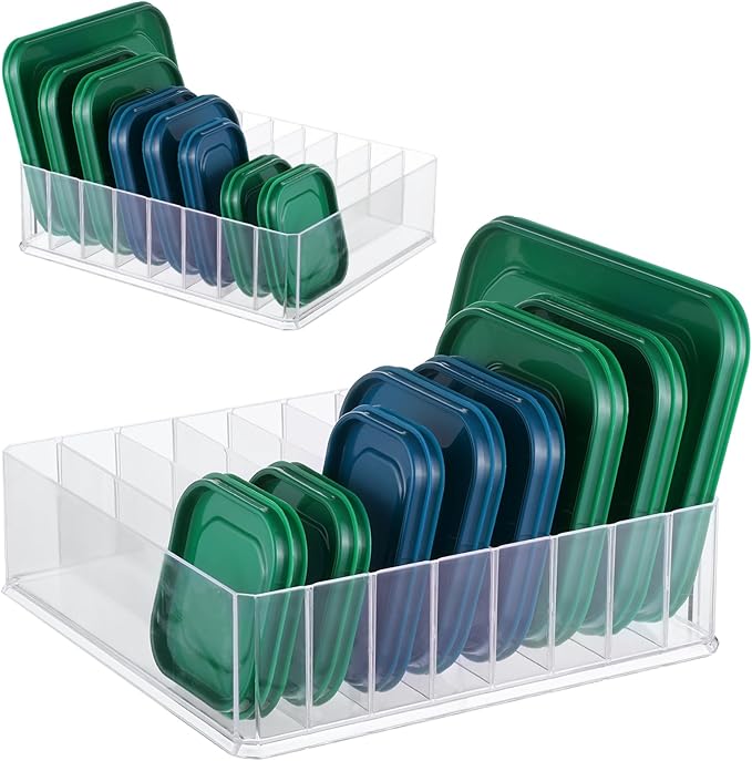 Rainmae Lid Organizer for Food Storage Container, Kitchen Pantry Lid Holder with 7 Adjustable Dividers for Cabinets and Drawer, Countertop Cupboard Lid Organization, Food Storage Container for Lids