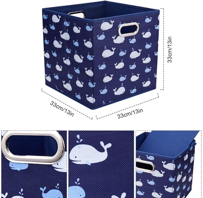 13 inch Collapsible Storage Cubes Bins Fabric Storage Boxes Blue Foldable Cube Inserts Storage White Whale Folding Cloth Storage Baskets Drawer Organizer ,QY-SC04-6