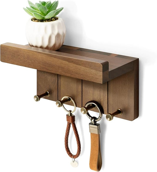 Rebee Vision Farmhouse Key Holder Wall Mount - Small Key Rack & Mail Organizer for Wall with 4 Key Hooks & Small Shelf - Home Essentials for Home Decor (Acacia Wood)