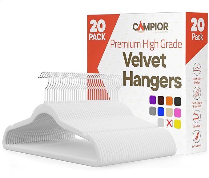 White Velvet Hangers 20 Pack – 360° Swivel Hook, Non-Slip and Space Saving Hangers, Heavy-Duty 11 lbs Weight Capacity - Smooth Velvet Finish for Crease-Free Clothes and Effortless Closet Organization