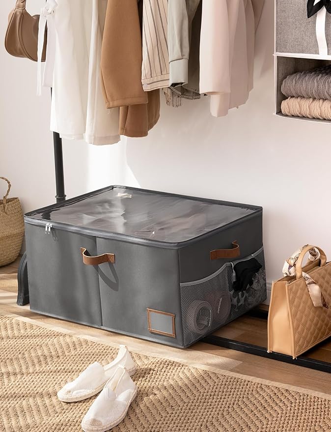StorageWorks Shoe Organizer for Closet, Shoe Cubby Storage Containers for Sneakers and Heels, Shoe Rack for Closet with Clear Cover & Side Mesh Pocket, Fits up to 20 Pairs, Grey
