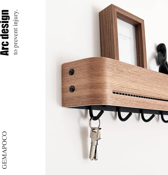 Modern Key Holder Wall Mount with 5 Retractable Hidden Hooks,Heavy Duty Coat Rack Wall Mount,Finland-Designed Entryway Organizer,17 inch,for Entryway,Living Room,Kitchen,Hallway,Walnut