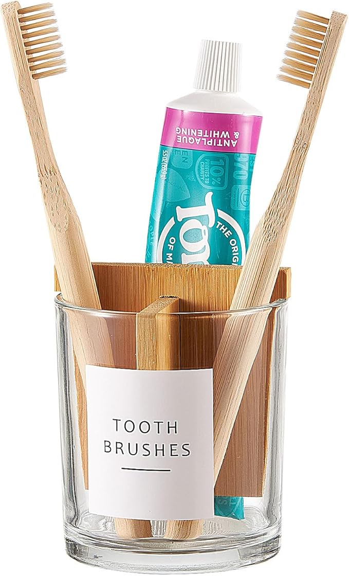 Glass Toothbrush and Toothpaste Holder with Bamboo Divider for Bathroom Countertop, Toothbrush Organizer Stand for Bathroom Vanity Countertops - 1 Pack