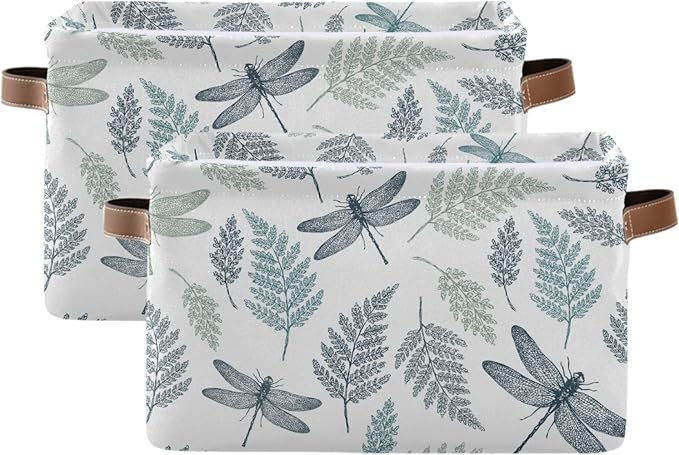 susiyo Large Foldable Storage Bin Fern Botanical Dragonfly Fabric Storage Baskets Collapsible Decorative Baskets Organizing Basket Bin with PU Handles for Shelves Home Closet Bedroom Living Room-1Pack